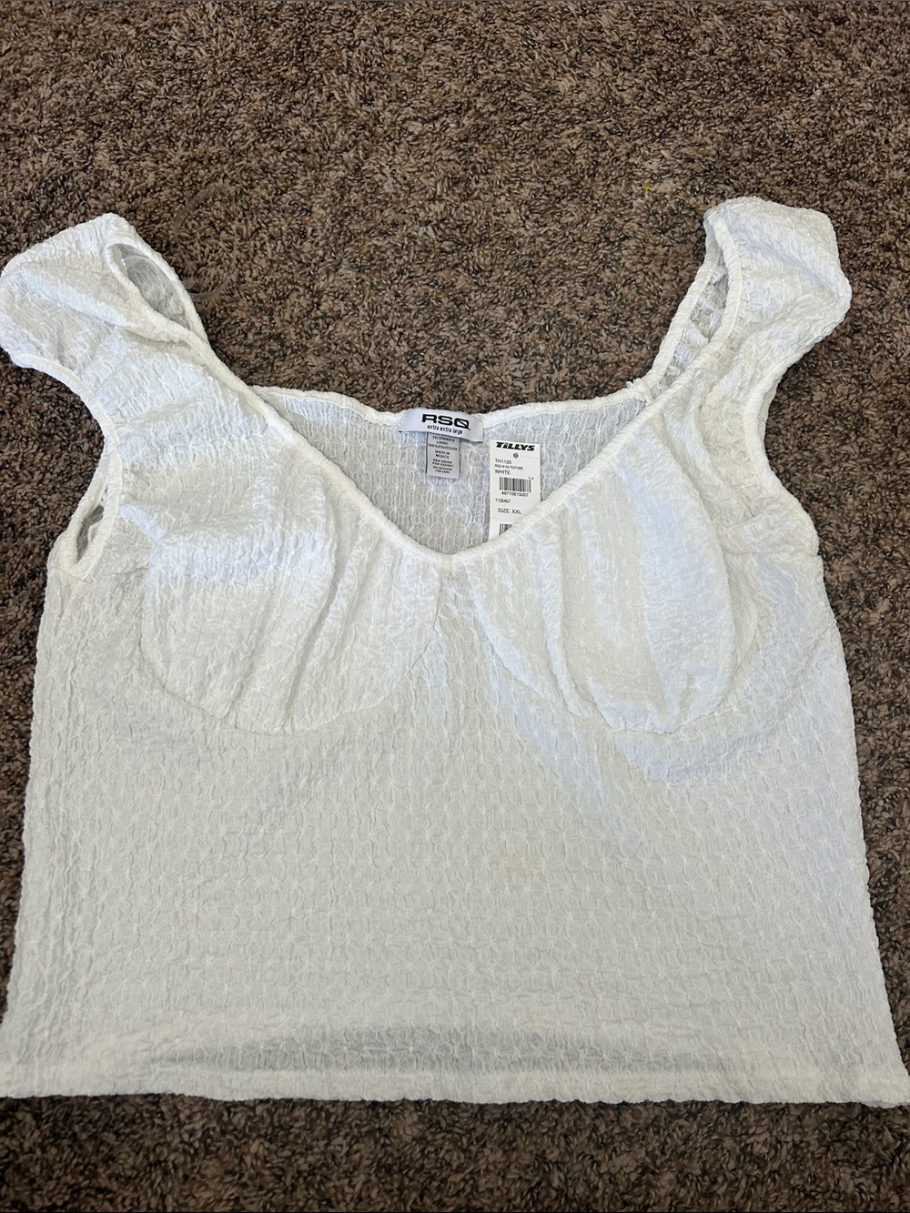 RSQ White Textured Scoop Crop Top with Cap Sleeves
